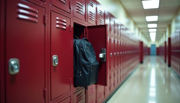 Row of maroon metal lockers lines school hallway. One compartment stands open with black backpack inside. Empty corridor stretches toward perspective point in bright institutional building. Interior