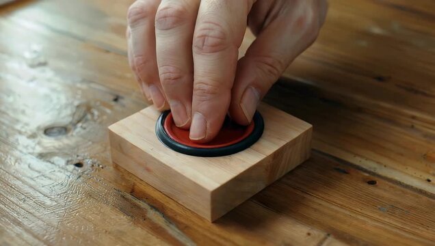 Tactile 4K resolution close up tracking a person s thumb pressing firmly into a dark blue ink stamp pad on a wooden desk emphasizing detailed fingerprint skin ridges for biometric or corporate