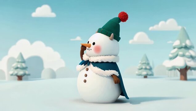 Cheerful 4K cartoon animation displaying a playful 3D snowman character waving on a soft snowy winter background offering abundant copy space for seasonal holiday greeting cards and festive retail