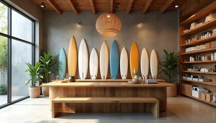 Obraz premium Modern surf shop interior features wooden shelves, furniture with natural decor. Multicolored surfboards hang on grey wall for display. Bright showroom space provides coastal lifestyle equipment for