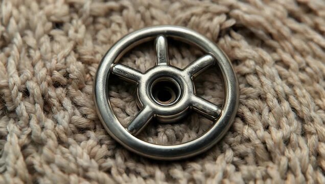 Detailed 4K fashion design close up showing a shiny metal snap fastener button attached to a thick hand knitted woolen sweater highlighting high quality apparel construction and rich fabric textures