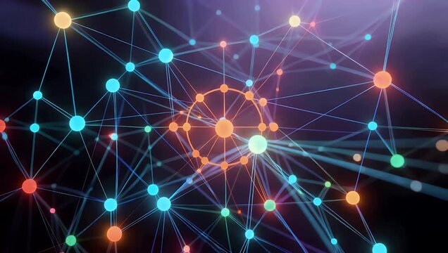 Futuristic 4K tech motion graphic visualizing a complex network of luminous digital nodes and interconnecting data lines pulsing with energy representing global cloud database connectivity and modern