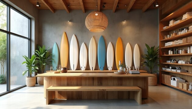 Modern surf shop interior features wooden shelves, furniture with natural decor. Multicolored surfboards hang on grey wall for display. Bright showroom space provides coastal lifestyle equipment for