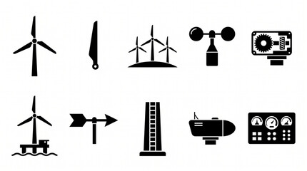 Fototapeta premium Set of wind energy and turbine components icons in black silhouette