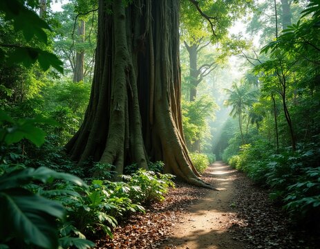 Massive kapok tree buttress roots stand in Amazon rainforest wilderness. Ancient giant plant grows near dirt trail under sun rays. Green tropical flora covers woodland floor with foliage. Scenic
