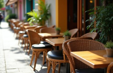 Obraz premium Empty wooden chairs, tables sit on outdoor sidewalk cafe patio. Urban restaurant terrace features woven furniture under warm sunlight during summer day. Modern European eatery provides relaxation