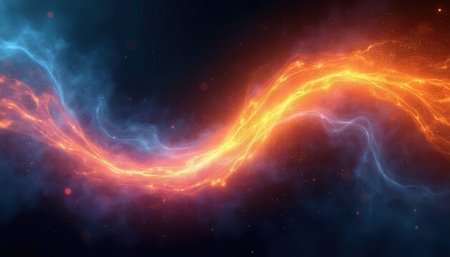 Abstract wave of orange flames, blue smoke swirls in dark space. Glowing plasma particles flow in bright liquid motion across black background. Cosmic energy sparks ignite brilliant light fusion