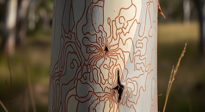 Eucalyptus tree bark with insect patterns. Scribbly gum tree trunk with natural textures.