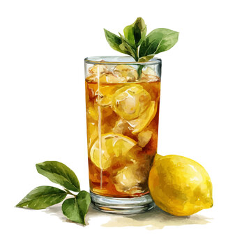 Lemon Iced Tea watercolor vector, hand-painted style, high-quality illustration isolated on white background.