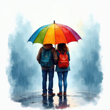 Two students stand under large colorful rainbow umbrella during heavy rain. Young couple wearing backpacks look forward sharing shelter on wet city street. Bright vivid parasol protects pair from