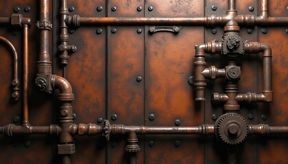 Obraz na płótnie Canvas Rusty metal wall background with steampunk pipes gears. Old industrial texture features weathered iron surface brown oxidized panels mechanical plumbing details. Aged steel structure includes vintage