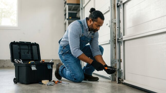 Professional contractor man performing garage door installation and repair at home.