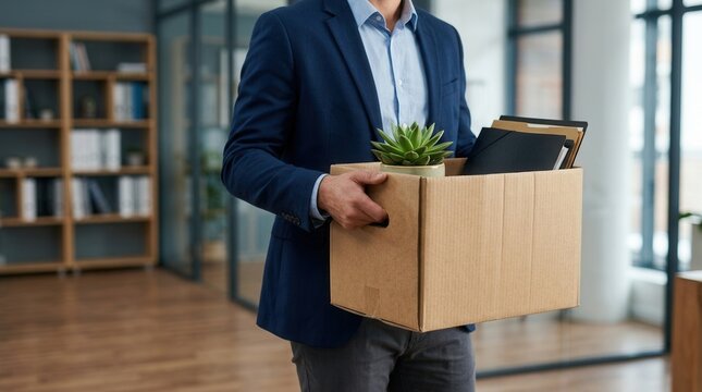 A fired employee carrying a cardboard box with personal belongings in an office.