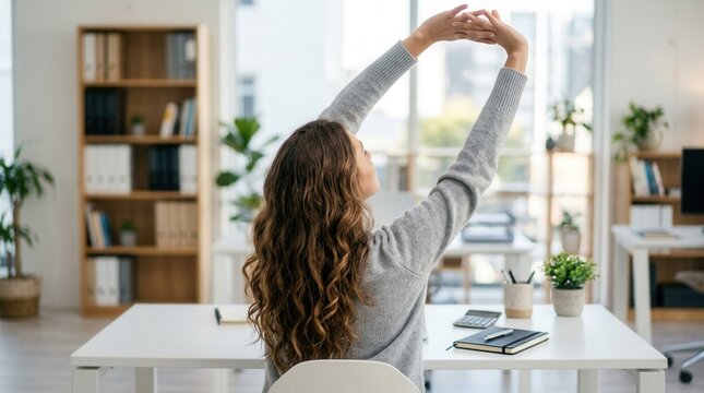 A businesswoman stretching her arms in a modern office setting.