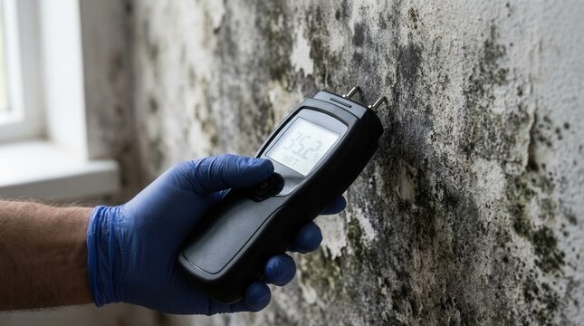 A person using a moisture meter to measure the wetness of a moldy wall.