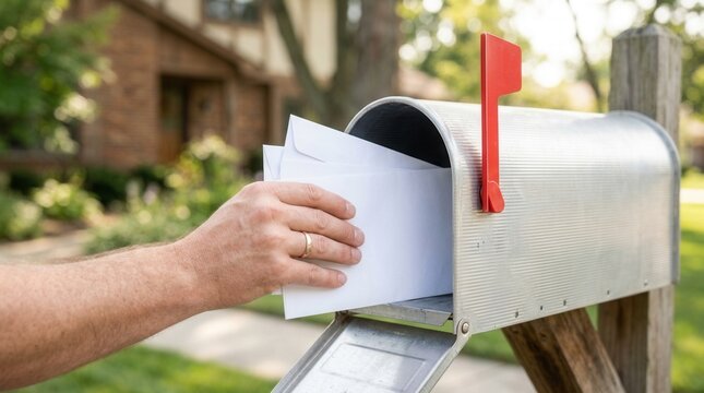 A person's hand putting white letters into a silver metal mailbox.