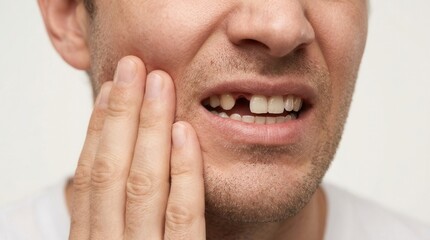 Fototapeta premium Man experiencing a severe toothache with a missing tooth.