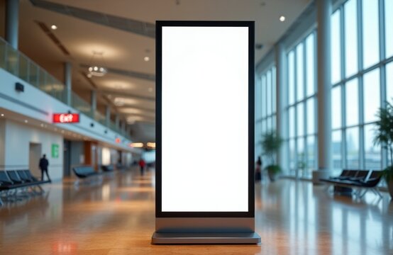 Digital screen stands in airport terminal, empty space for ads. People wait for flights in modern transit hub. Blank billboard welcomes travelers with info.
