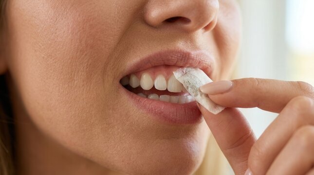 Close up of a woman placing a wet moist nicotine product in her mouth