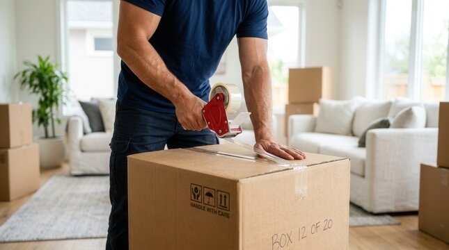 Professional mover service using tape to seal a packing box for moving delivery.