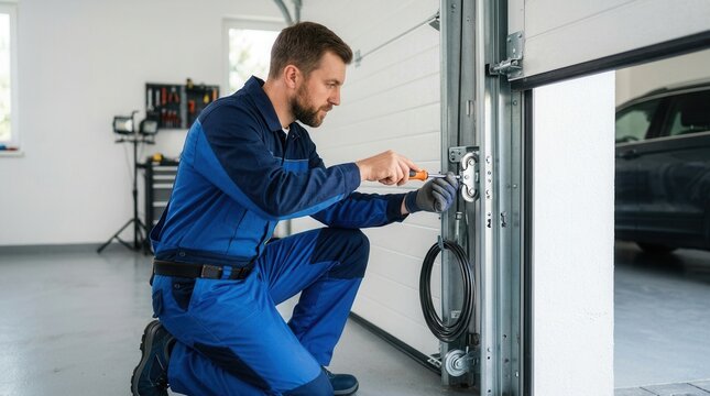 Professional contractor man performing garage door installation and repair at home.