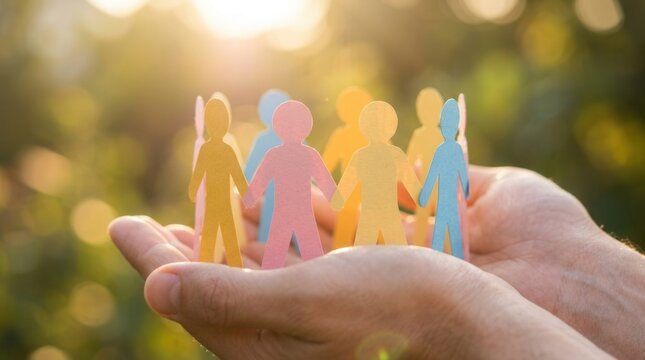Diversity and inclusion concept featuring colorful paper people in human hands.