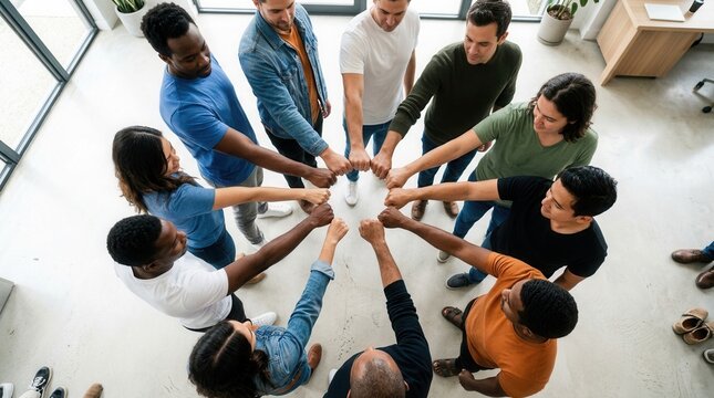 Diverse team members putting their hands in a circle for a fist bump.