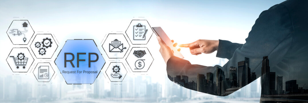 Business Professional Using Digital Tablet for Request for Proposal with Business Icons and City Skyline in Background. Bitwise.