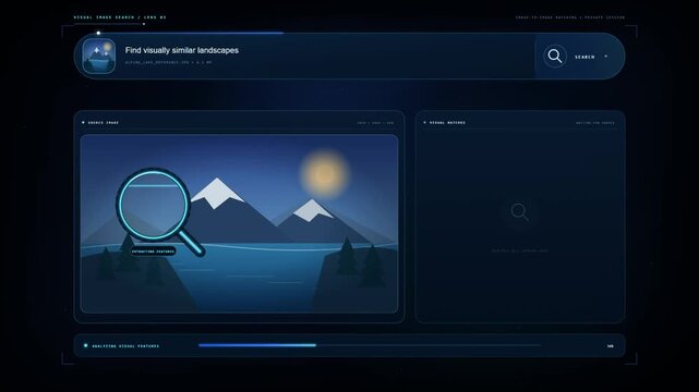 Visual search interface scanning landscape image to find similar results with magnifier