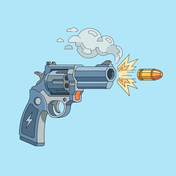 A stylized revolver is depicted firing a bullet, with smoke and an expressive action-oriented design, capturing the essence of speed and intensity in the moment.