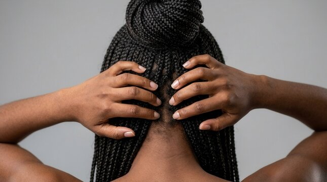 An African American woman with long braided hair scratching an itchy dry scalp.