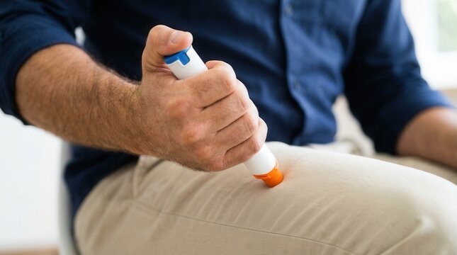 Man injecting epinephrine using an auto-injector syringe on his thigh.