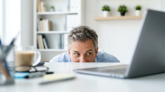 A sneaky mature man avoiding work by hiding behind his office desk.