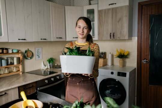 Teenage girl holding houseplant pot in modern kitchen