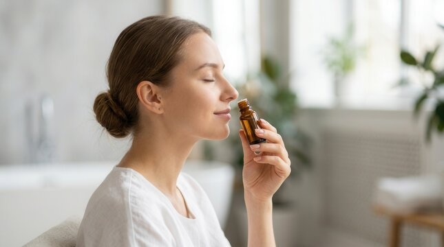 Young woman practicing aromatherapy with essential oil for smell therapy.
