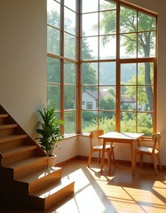Fototapeta premium Bright room features wooden staircase, small table with two chairs near panoramic window. Large glass pane provides daylight view of green trees, country houses. Minimalist home interior looks cozy,