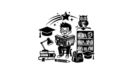 Bookshelf and Graduation Hat Icon with Cartoon Student, Owl Mascot and Academic Symbols for Education Concept Design