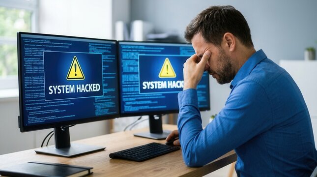 A frustrated man experiences a ransomware cyber attack with personal files encrypted on his screens.