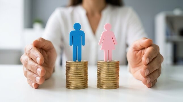 Concept of equal gender salary with blue male and pink female figures on identical coin stacks.