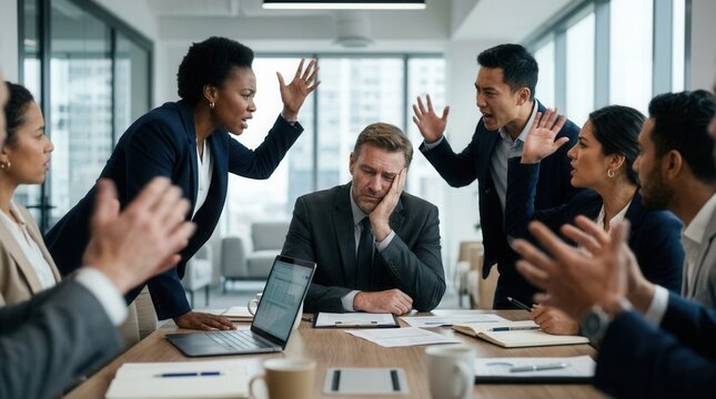 Diverse business people arguing during a high-stakes corporate meeting.