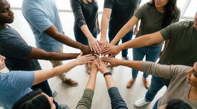 Diverse hands joining together to show community team spirit and cohesion.