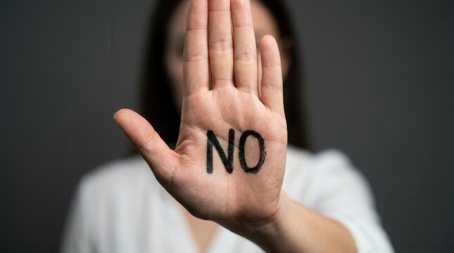A woman's hand with the text NO written on the palm in a stop gesture.