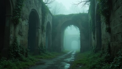 Fototapeta premium Old stone archway tunnel covered in green plants stands in thick fog. Empty path leads through decaying brick walls inside abandoned mysterious structure. Dark moody atmosphere surrounds historical