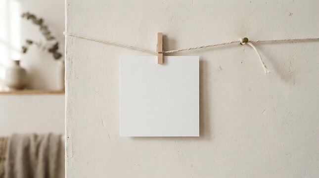 Minimalist mockup scene with a blank white card hanging from a twine string against a textured beige wall for product presentation