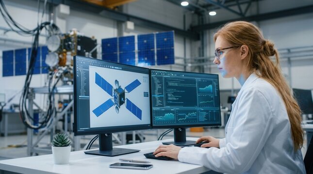 Female aerospace engineer designing a satellite on computer monitors.