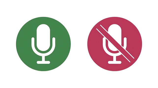 Microphone on and off mute icons in green and red circles