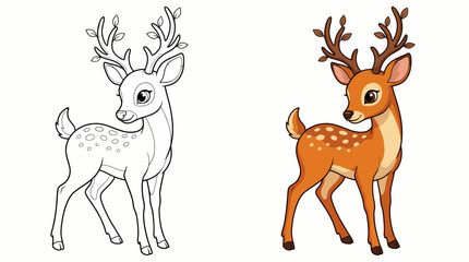 Fototapeta premium A vibrant and playful illustration featuring a cute deer in two styles: an outlined version and a filled-in version, ideal as a playful design for children’s content.