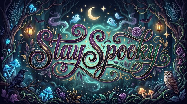 Stay spooky halloween lettering with magic forest elements