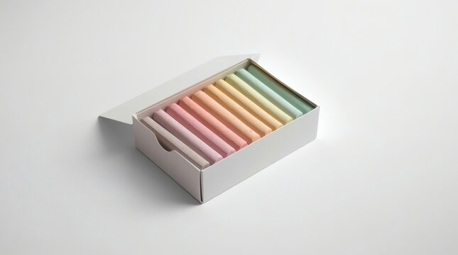 Pastel chalk sticks neatly arranged in a white open box on a plain background
