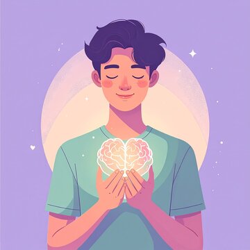 Young man with closed eyes holding a glowing brain in his hands